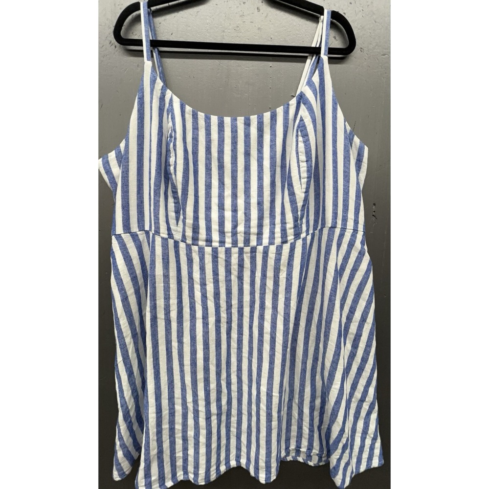 Old Navy Dress 3X Blue White Striped Linen Blend Pockets Beachy Coastal Prep‎